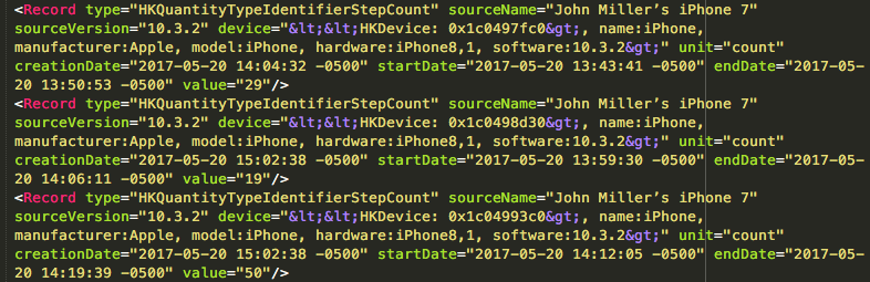 A portion of the export.xml file output from Apple's Health app.